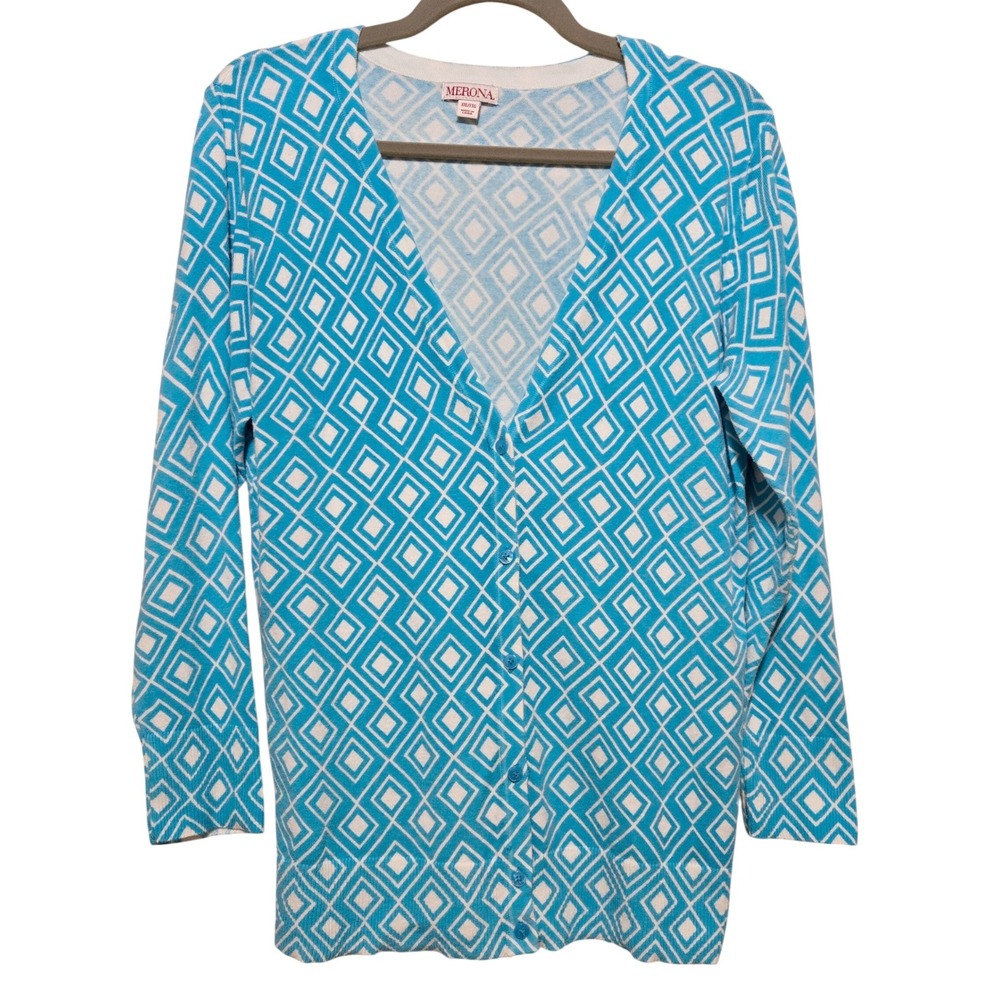 Merona,‎ Women's XXL Cardigan Blue White Geometric Diamond Button Front V-Neck